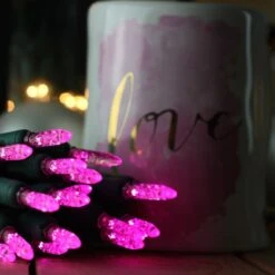 50-light M5 Pink LED Christmas Lights, 4" Spacing Green Wire -Decorative Lighting Store m5 pink led christmas light 82818a