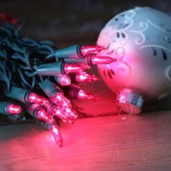 100-bulb Pink Mini Lights, 4" Spacing, Green Wire -Decorative Lighting Store pink christmas lights green wire 112618
